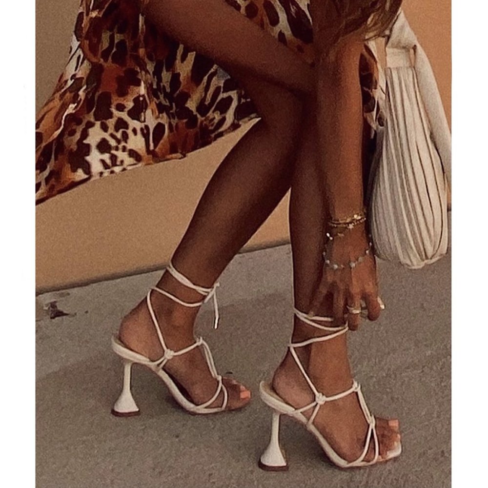 New🔥 Ivory Square Open Toe Strappy Leg Wrap Lace Up Stiletto High Heel Sandals